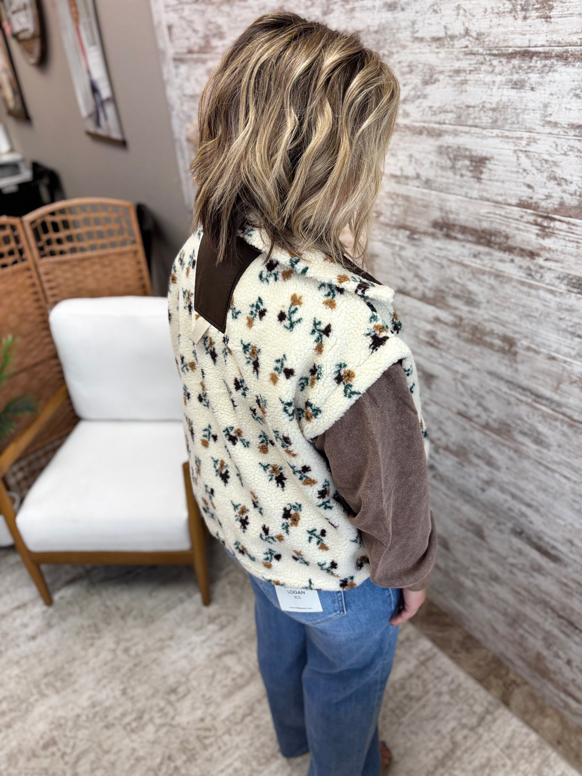 Oatmeal Floral Sherpa Boxy Fit Vest