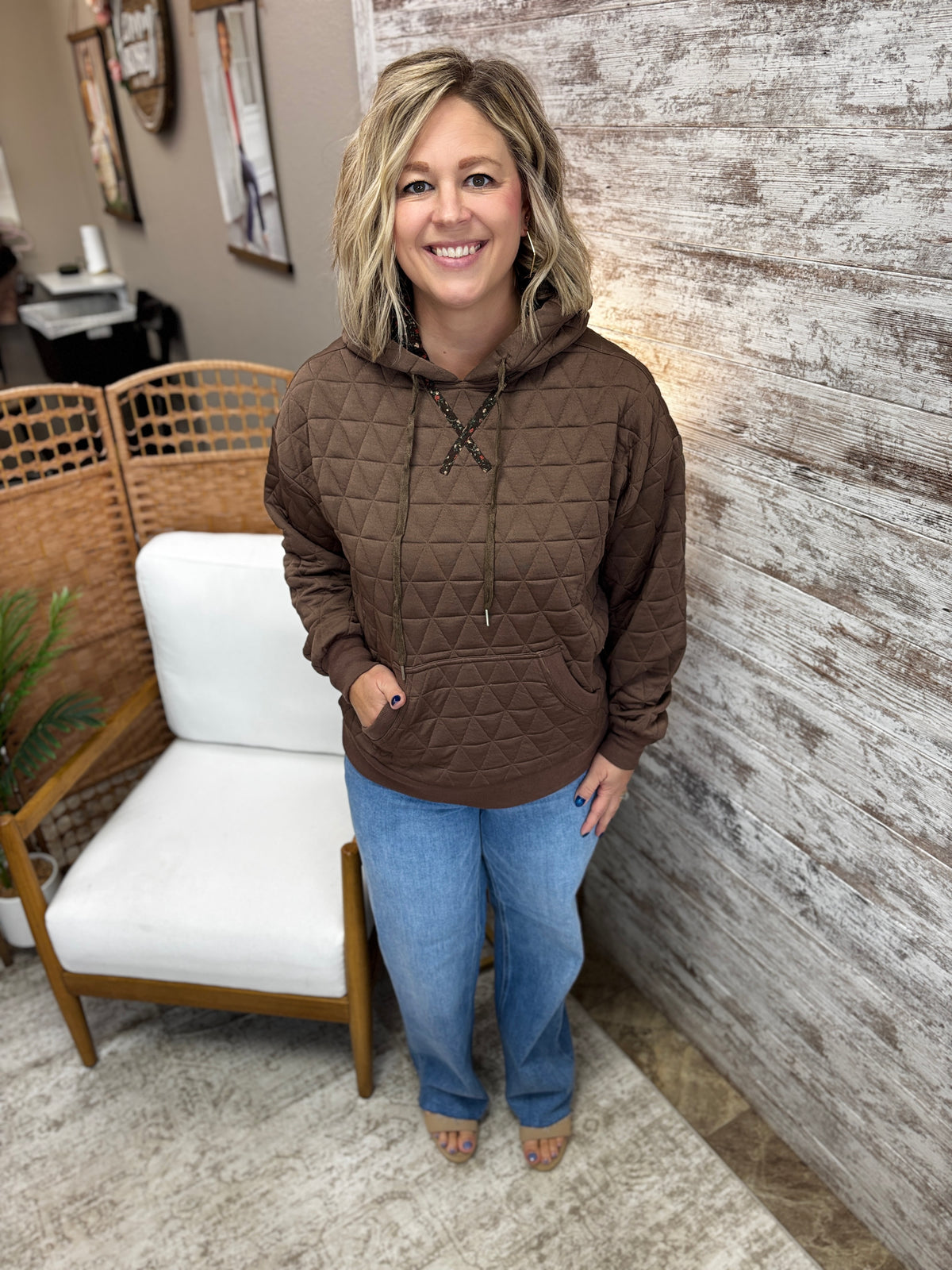 Brown Quilted Drawstring Hoodie Top