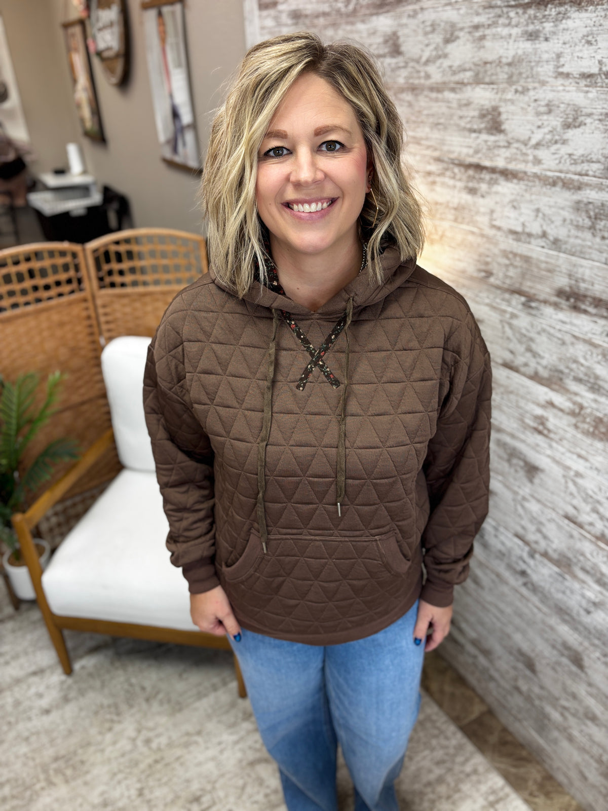 Brown Quilted Drawstring Hoodie Top