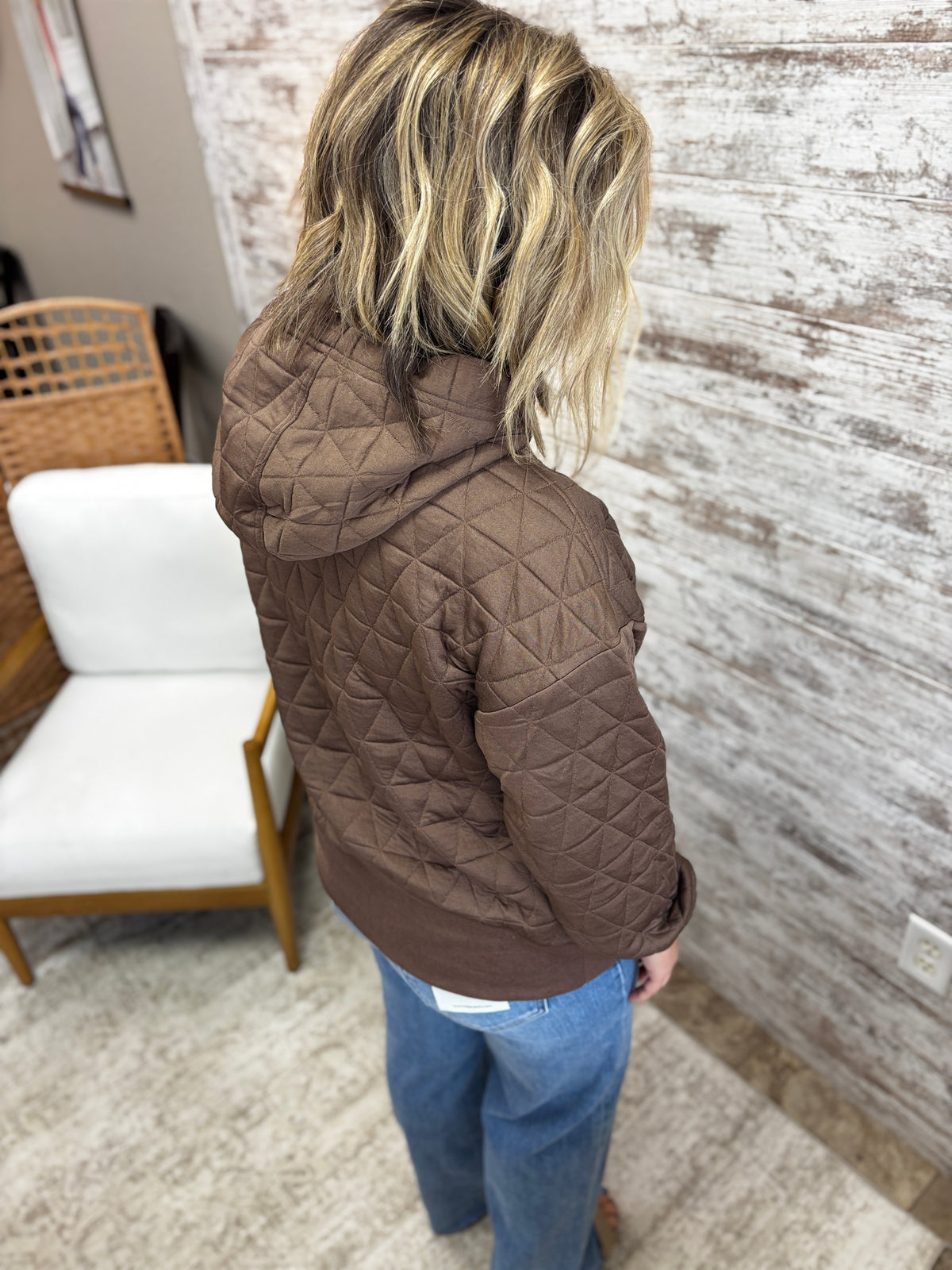 Brown Quilted Drawstring Hoodie Top