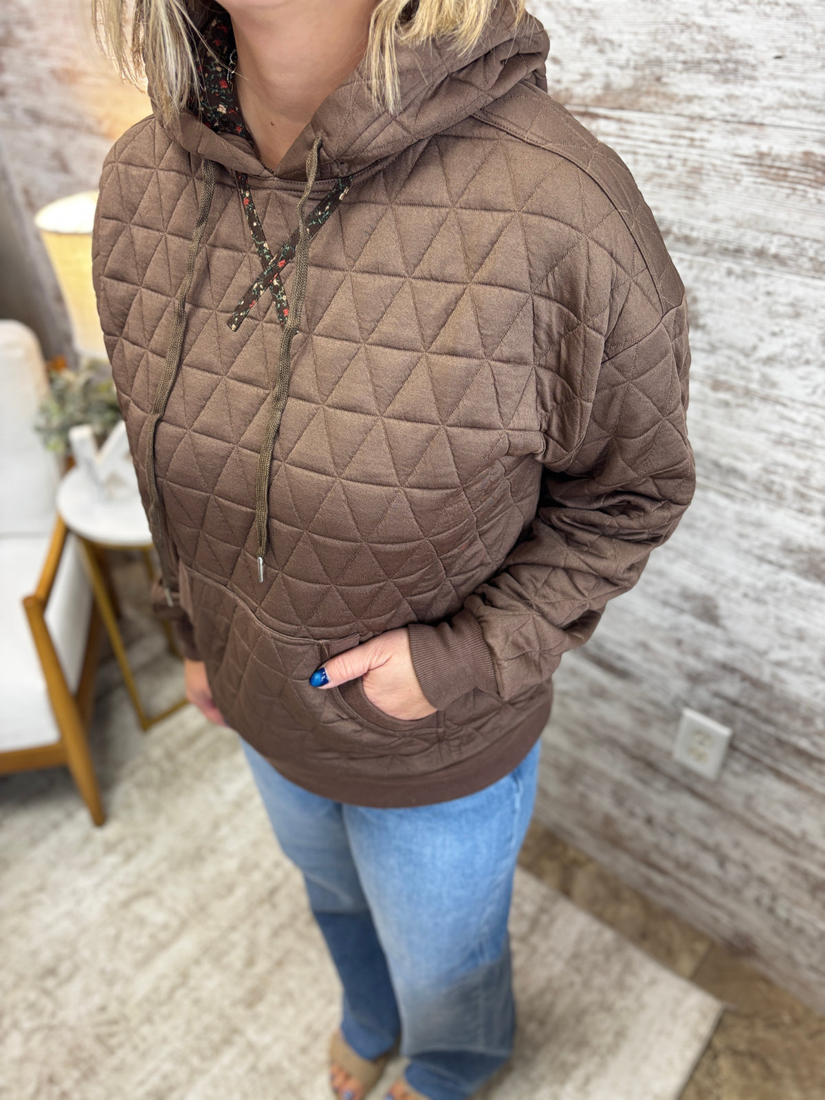 Brown Quilted Drawstring Hoodie Top