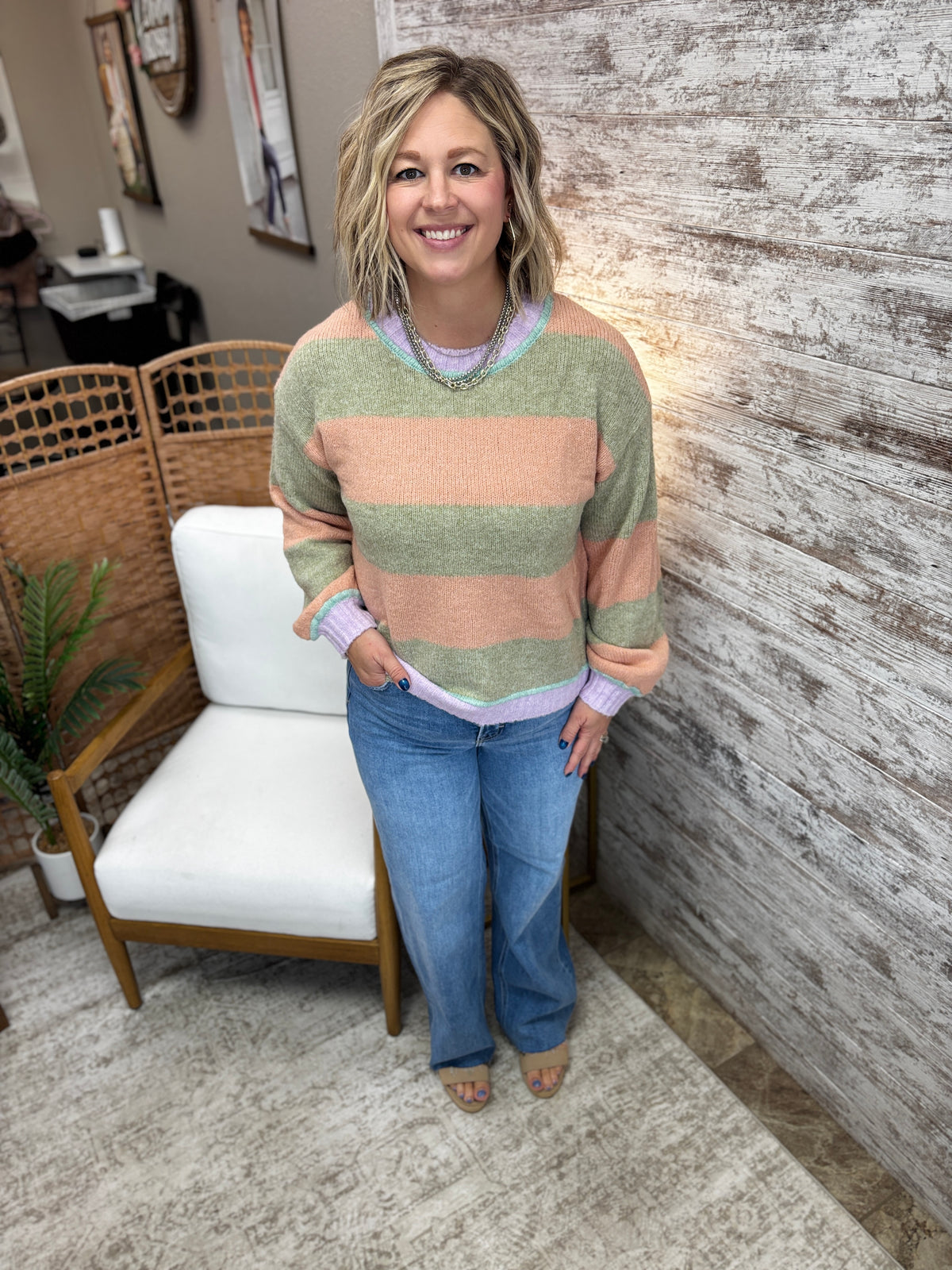 Green and Light Orange Contrast Striped Sweater