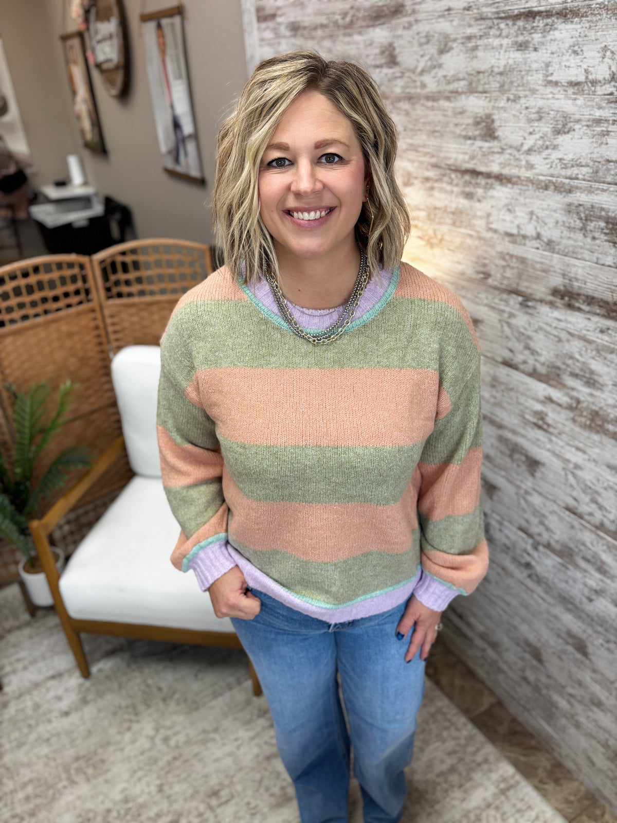 Green and Light Orange Contrast Striped Sweater