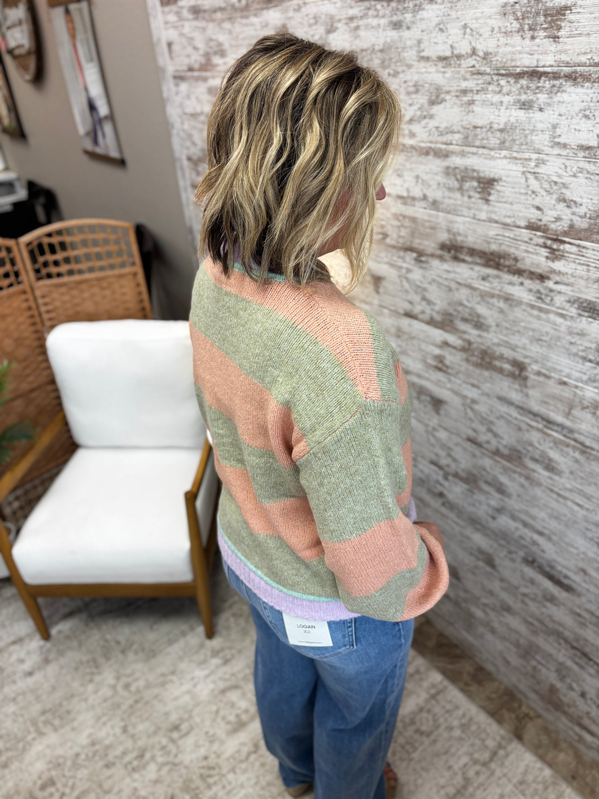 Green and Light Orange Contrast Striped Sweater