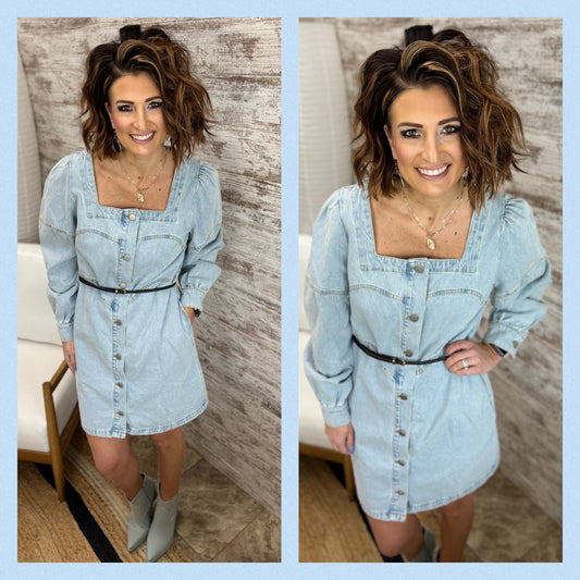 SQUARE NECK BUTTON FRONT WASHED DENIM DRESS