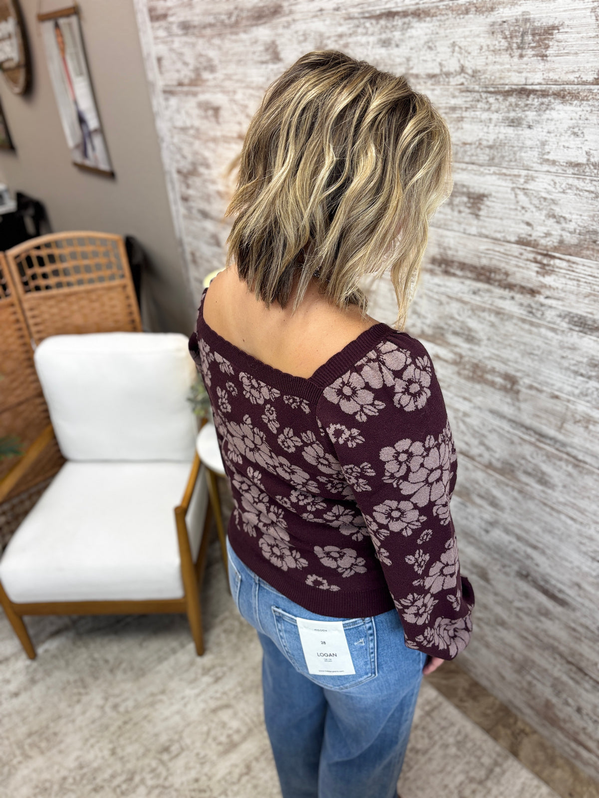 Eggplant Floral Print Square Neck Bubble Sleeve Sweater Top
