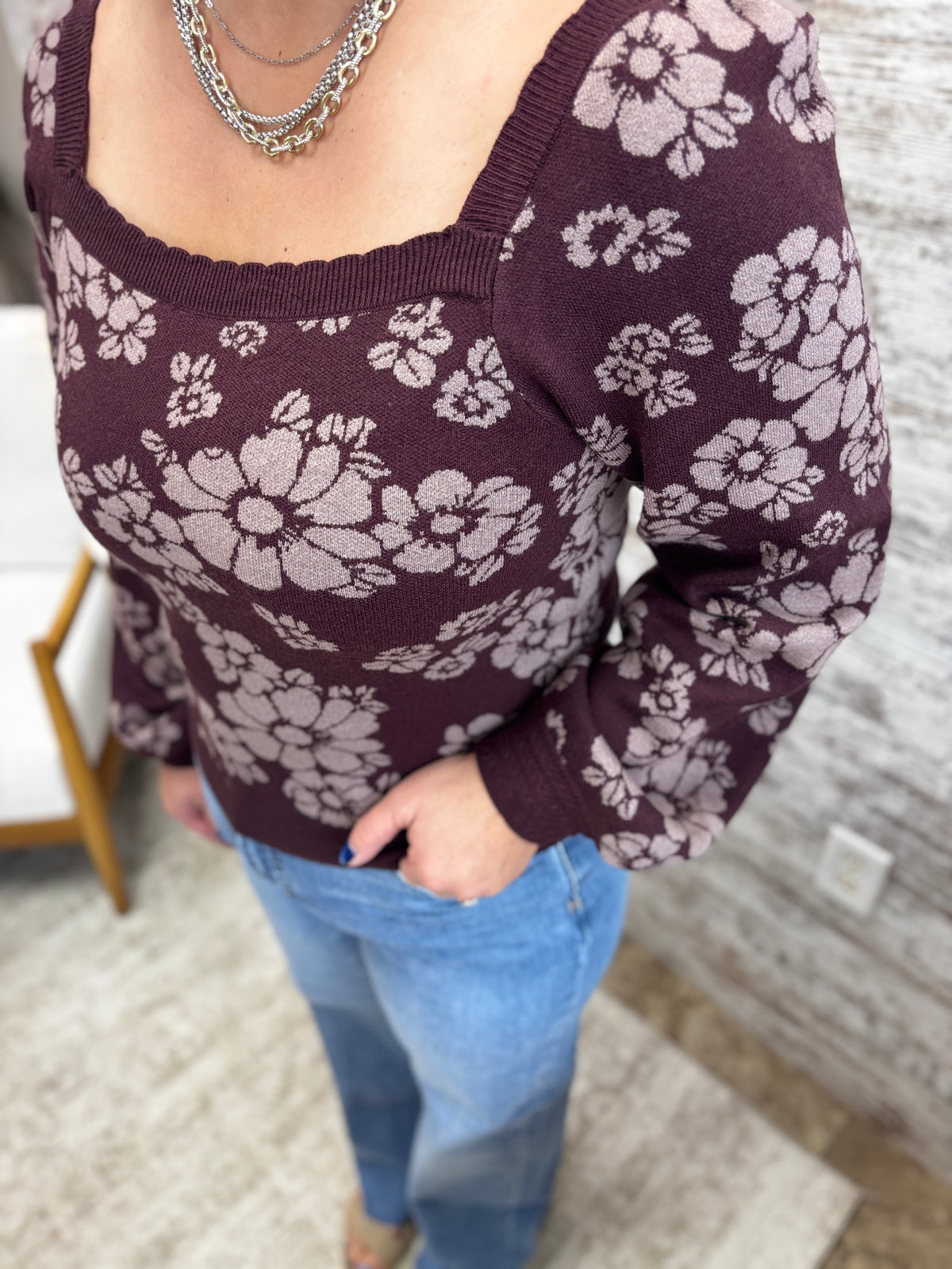 Eggplant Floral Print Square Neck Bubble Sleeve Sweater Top