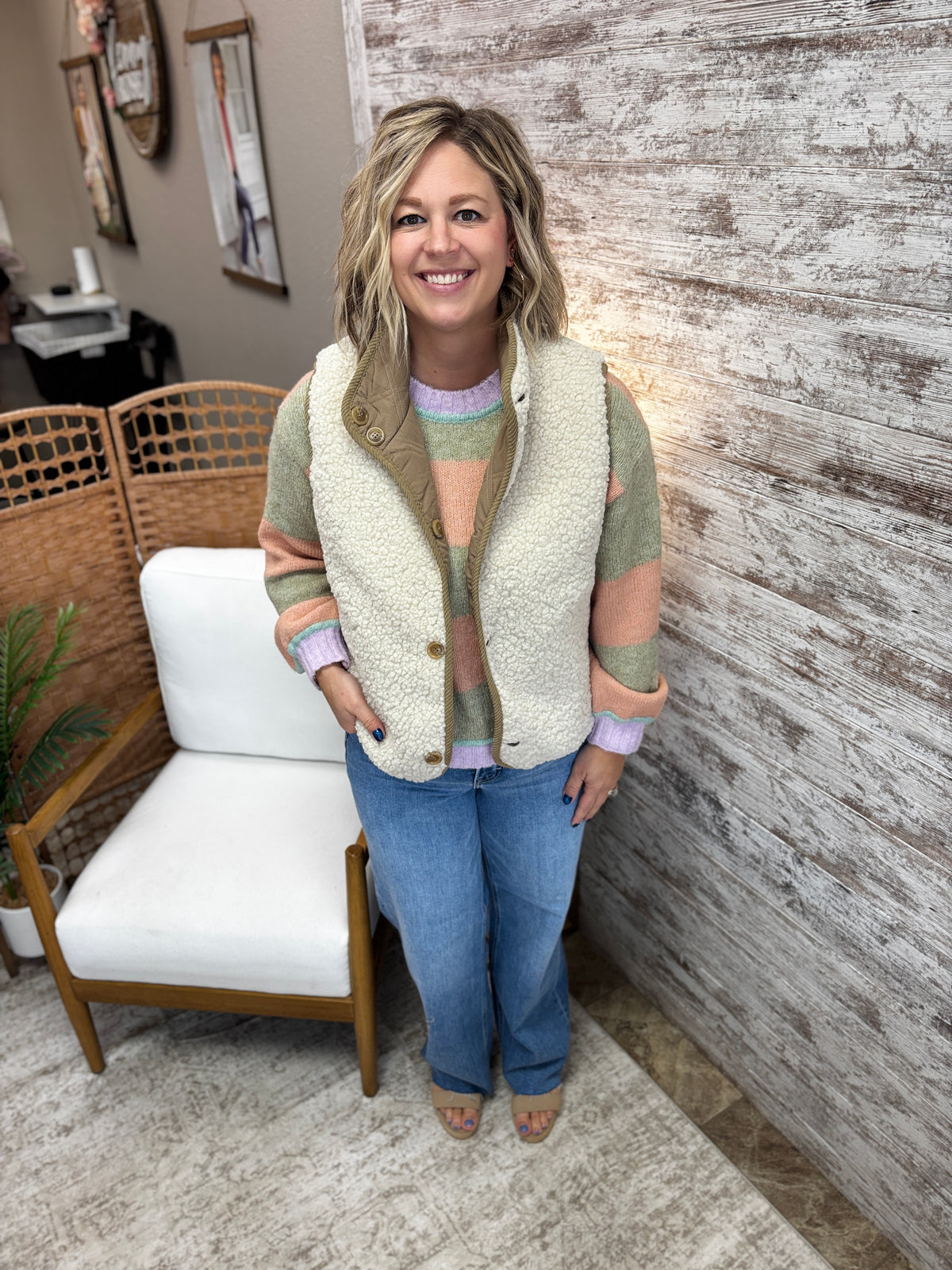 Mocha Reversible Sherpa Quilted High Collared Button Down Vest