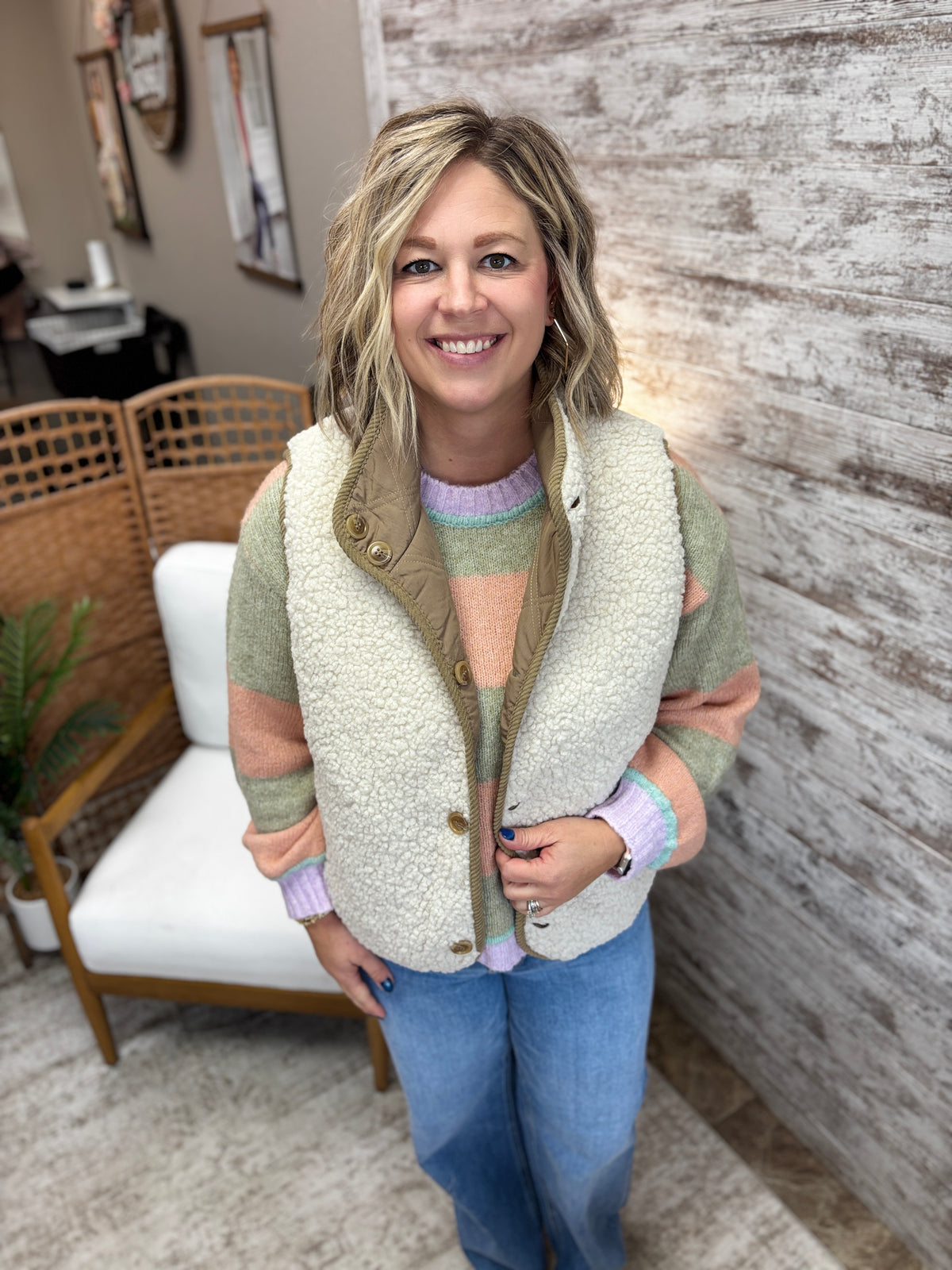 Mocha Reversible Sherpa Quilted High Collared Button Down Vest
