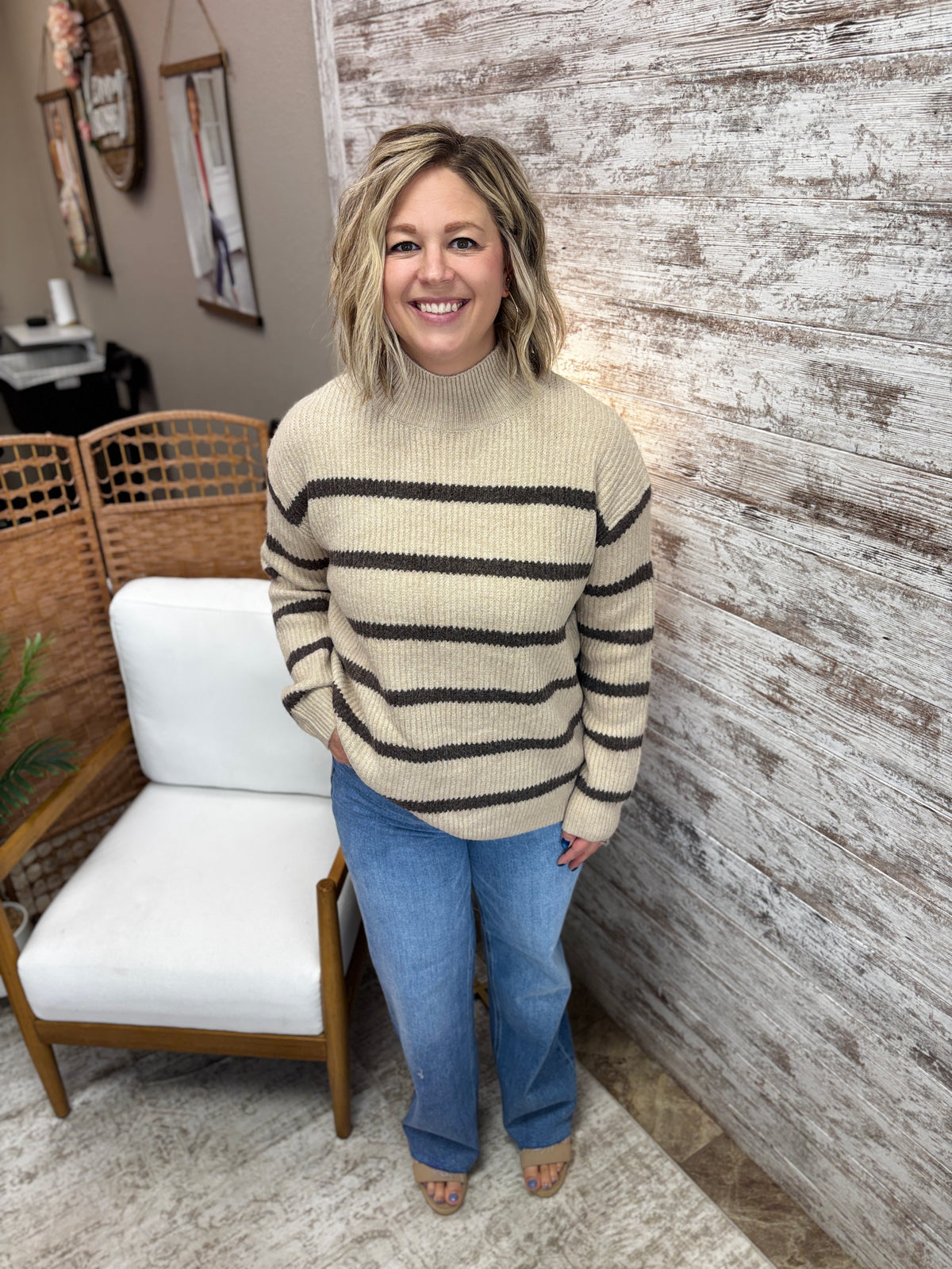 Brown Striped Mock Neck Knit Sweater