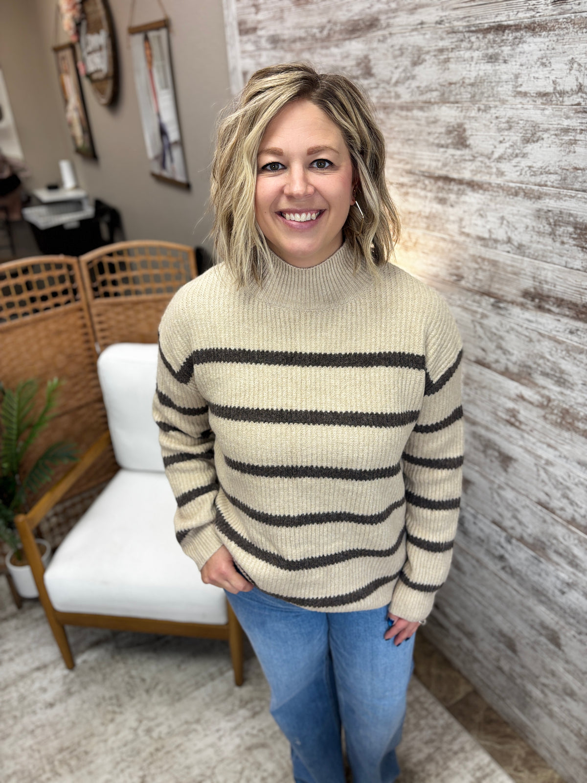 Brown Striped Mock Neck Knit Sweater