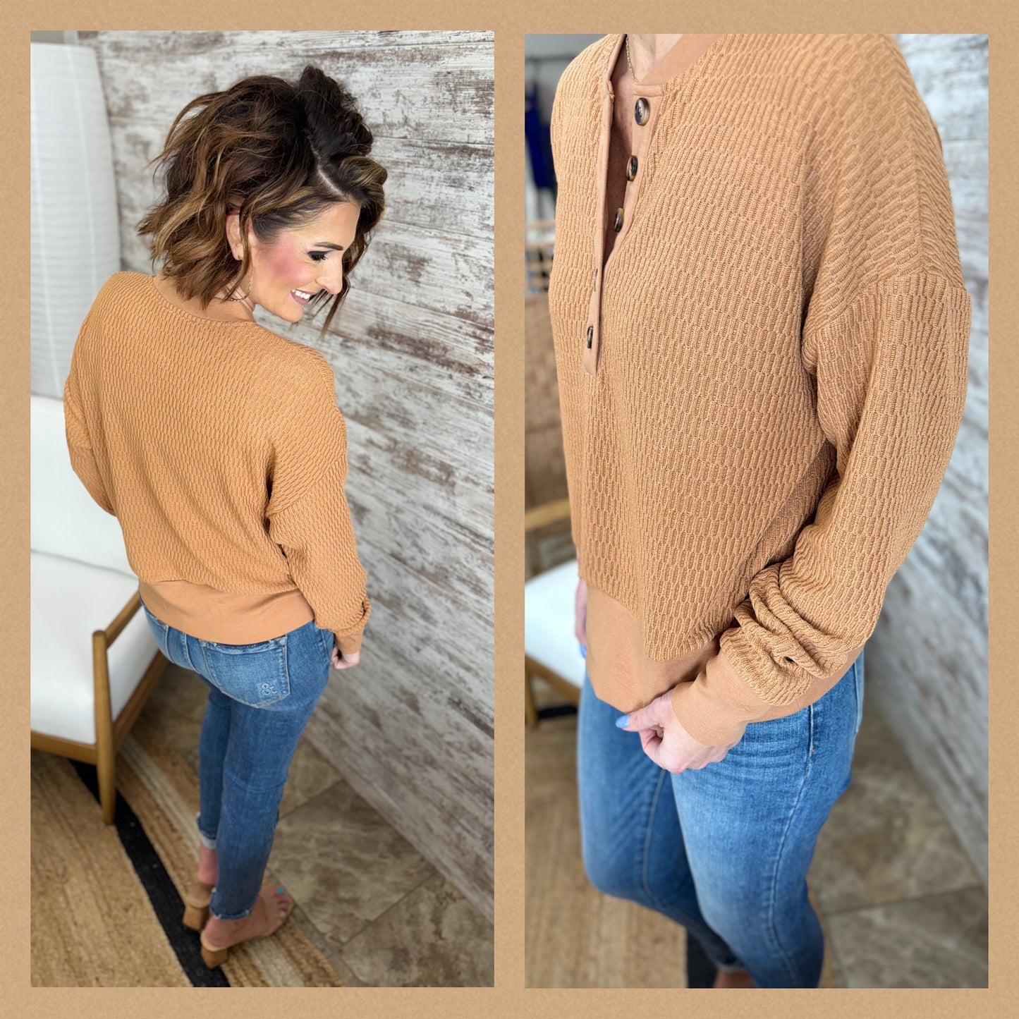 Camel Textured Henley Knit Top