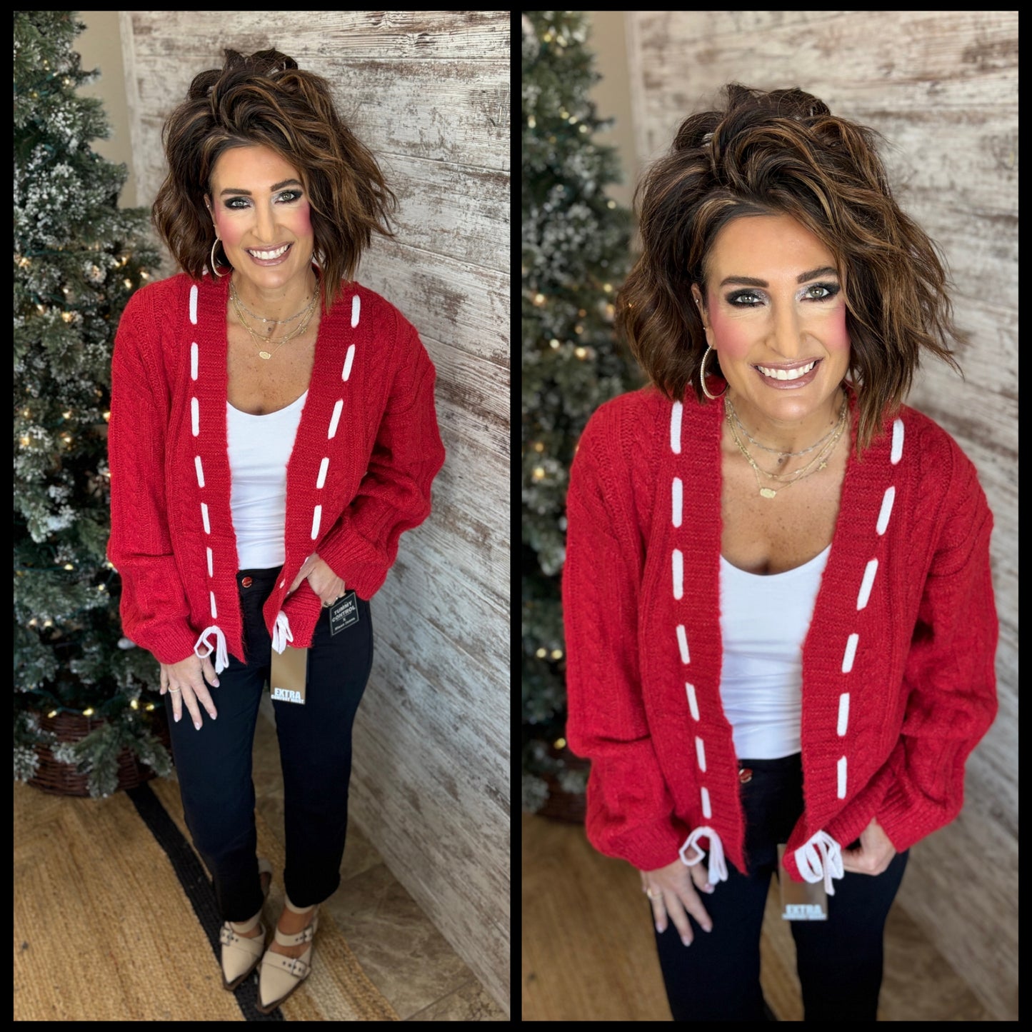 Red Cable Knit Cardigan with Ribbon