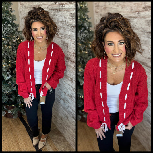 Red Cable Knit Cardigan with Ribbon