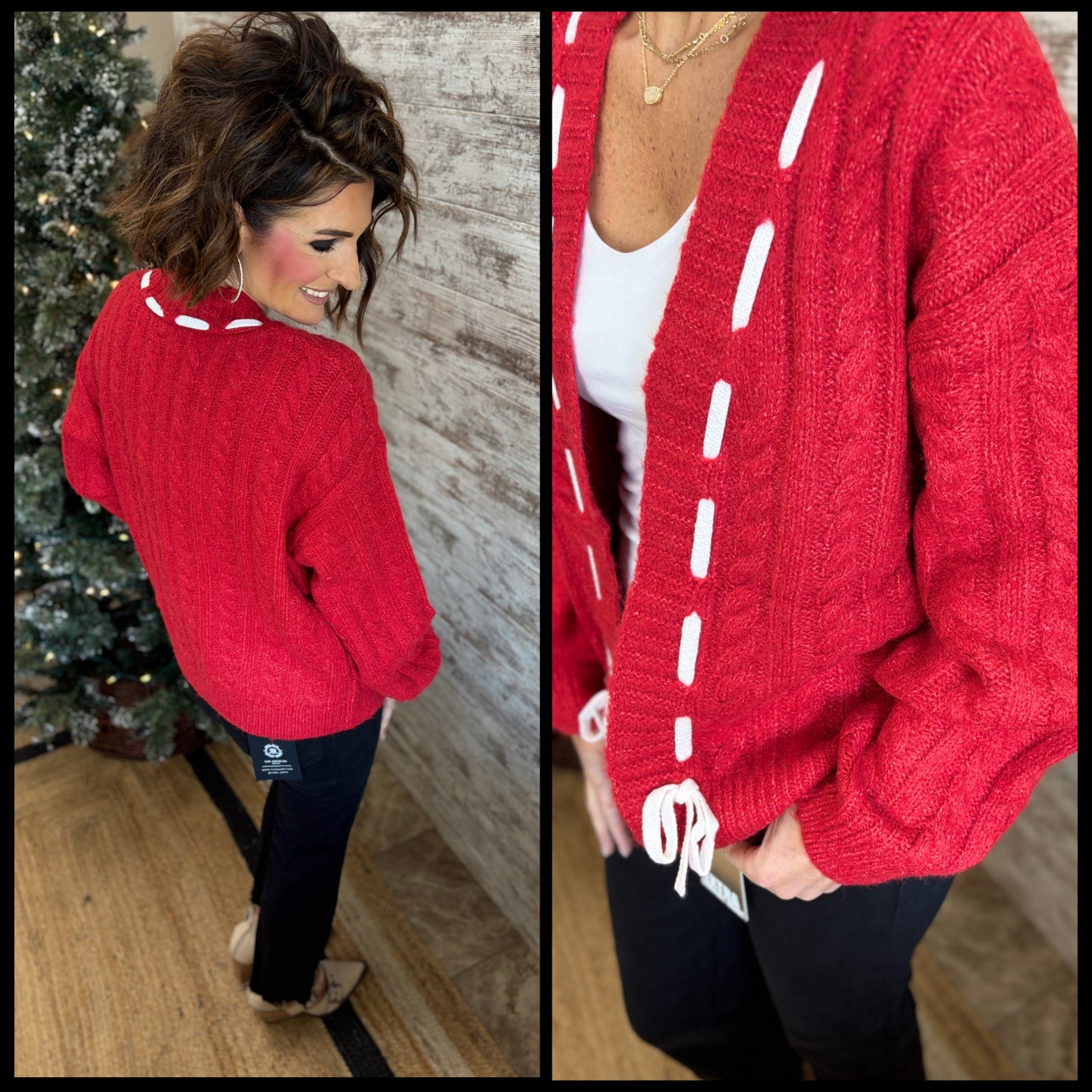 Red Cable Knit Cardigan with Ribbon