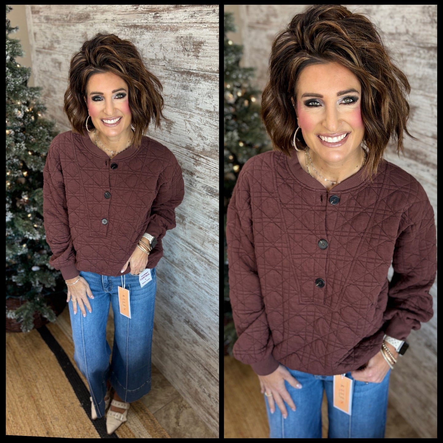 Espresso Quilted Half Button Sweatshirt