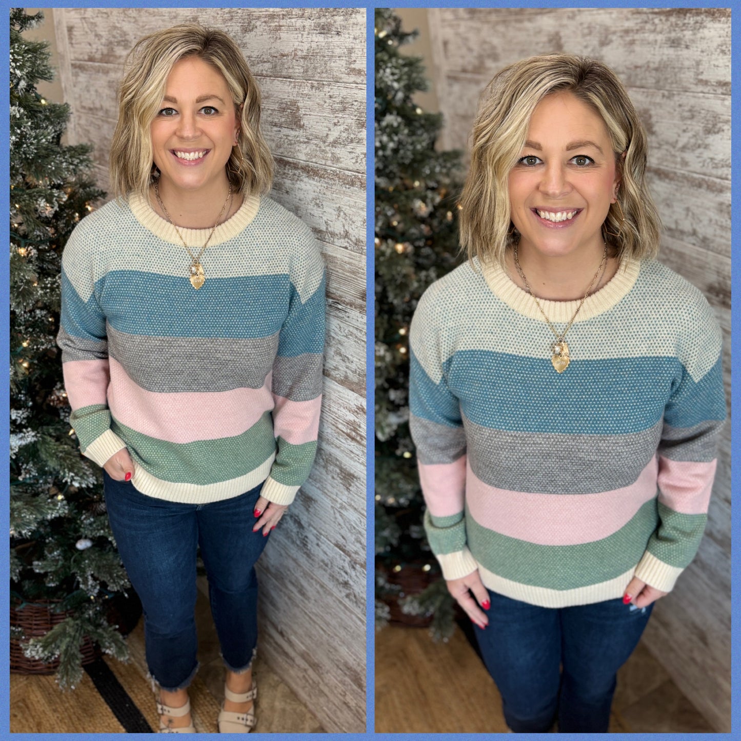 Blue and Pink Color Block Crew Neck Sweater