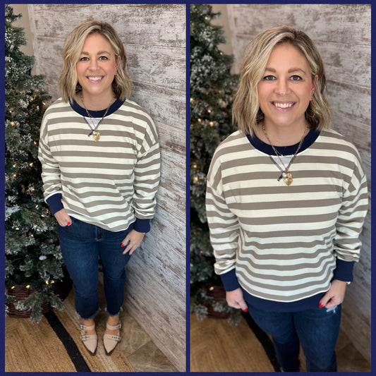 Olive/Navy Striped Crew Sweatshirt