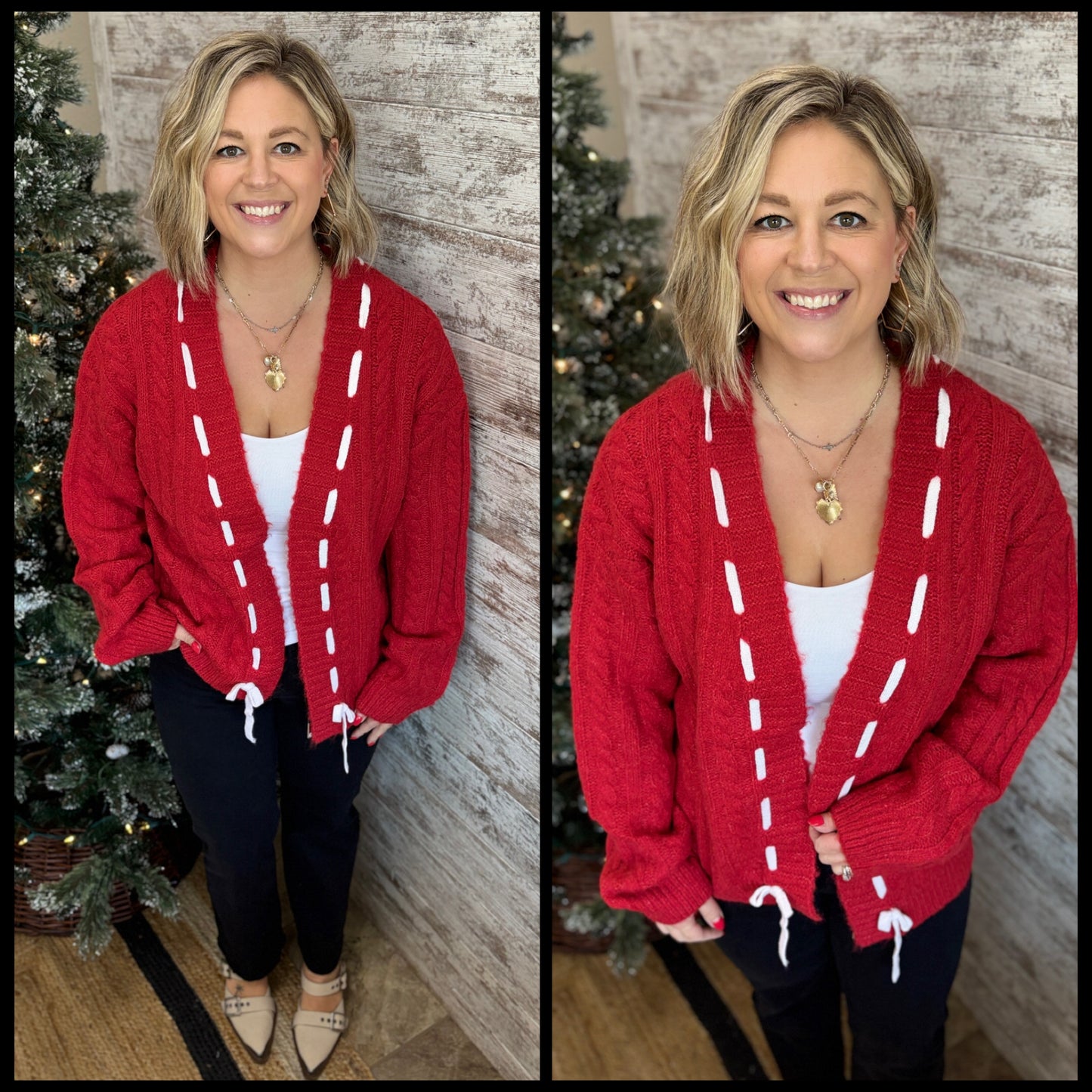 Red Cable Knit Cardigan with Ribbon