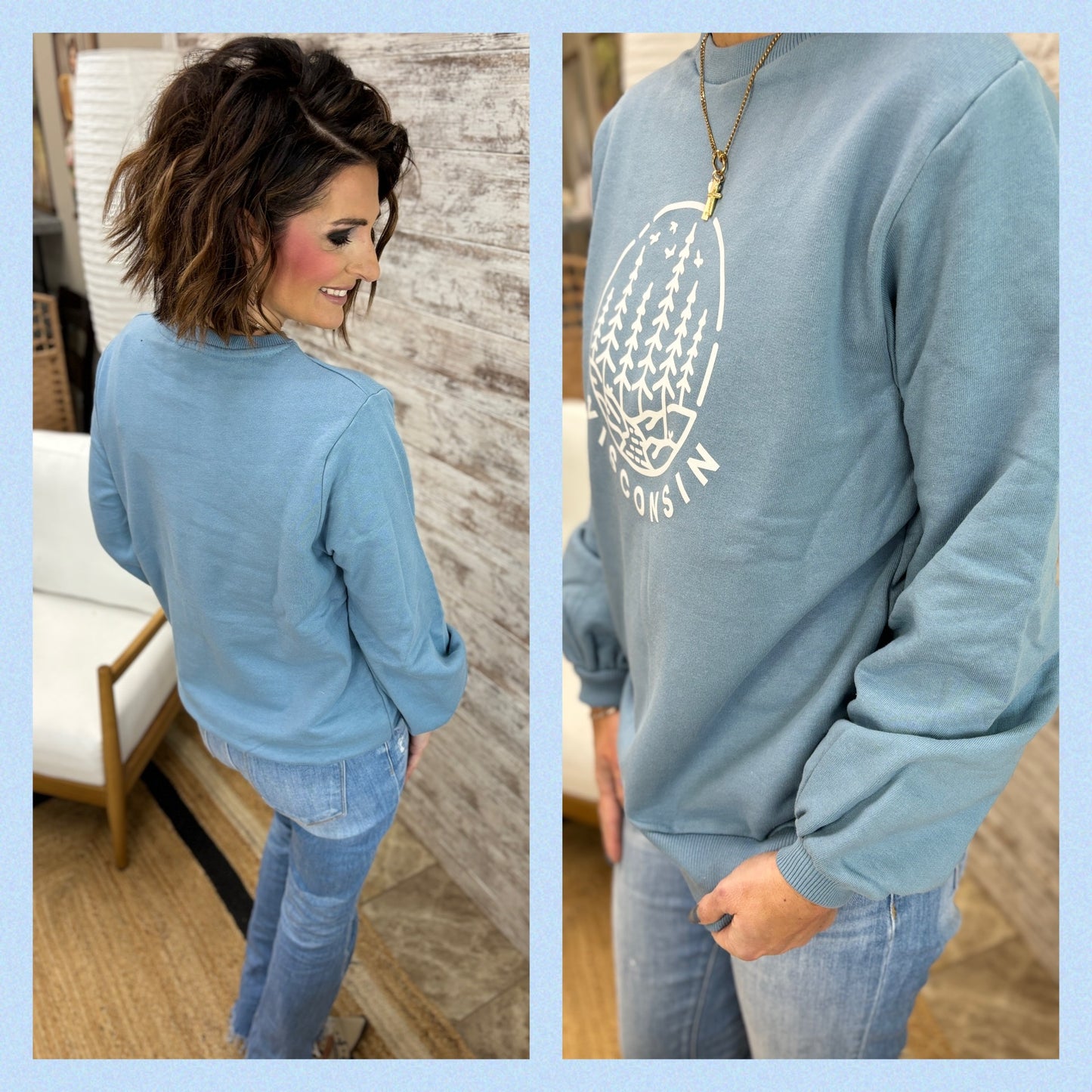 Wisconsin Woods Misty Blue Balloon Sleeve Crew