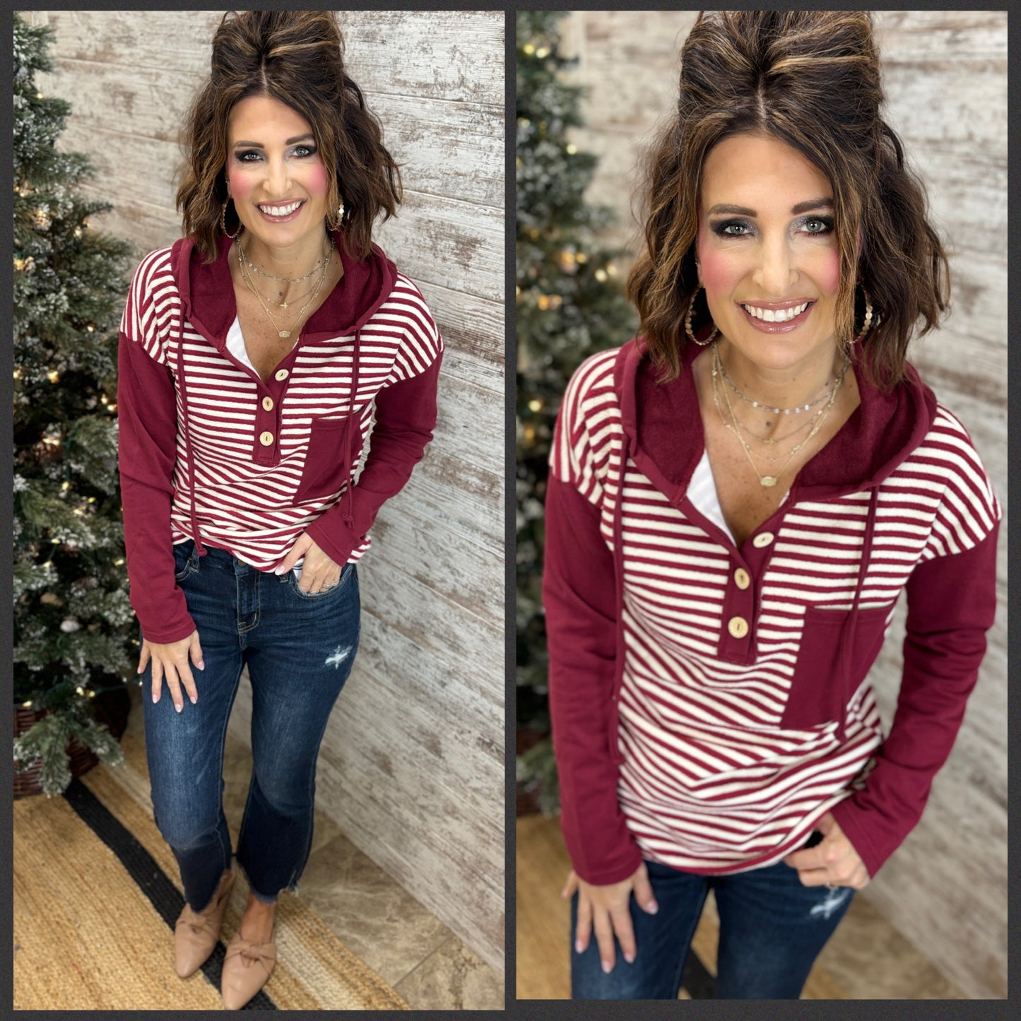 Half Button Striped Henley with Hood ~ 2 Colors