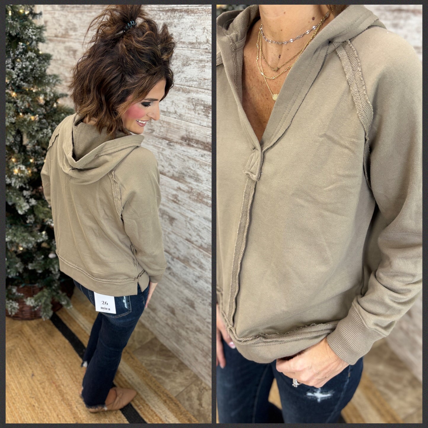 Light Mocha Raw Edge Hooded Top