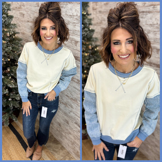 Denim Sleeve Cream Crew Neck