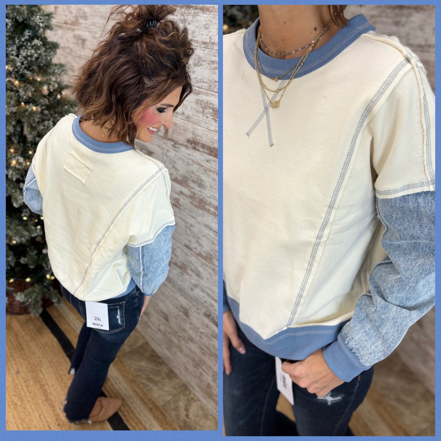 Denim Sleeve Cream Crew Neck