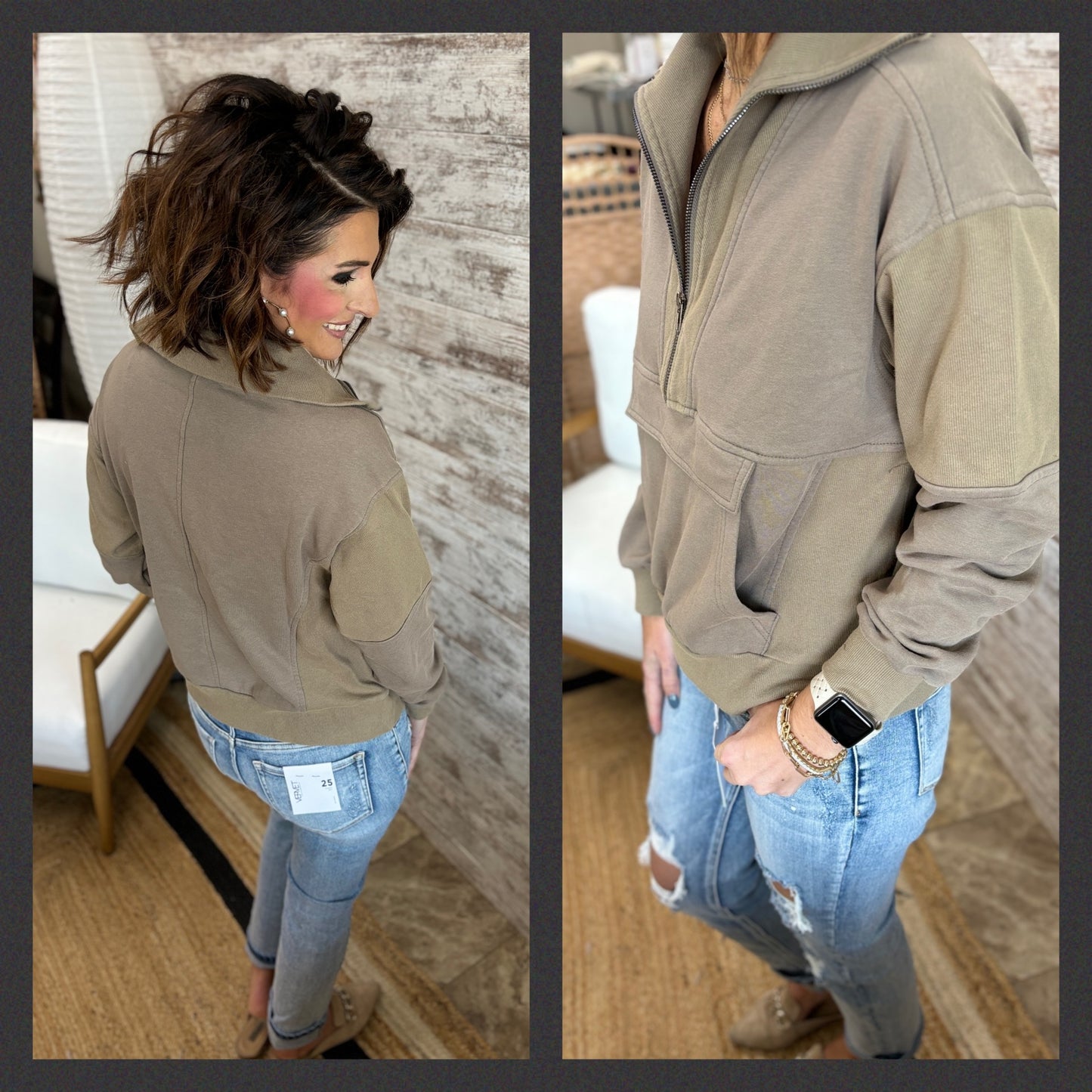 Olive Vintage Mixed Ribbed Half Zip Sweatshirt