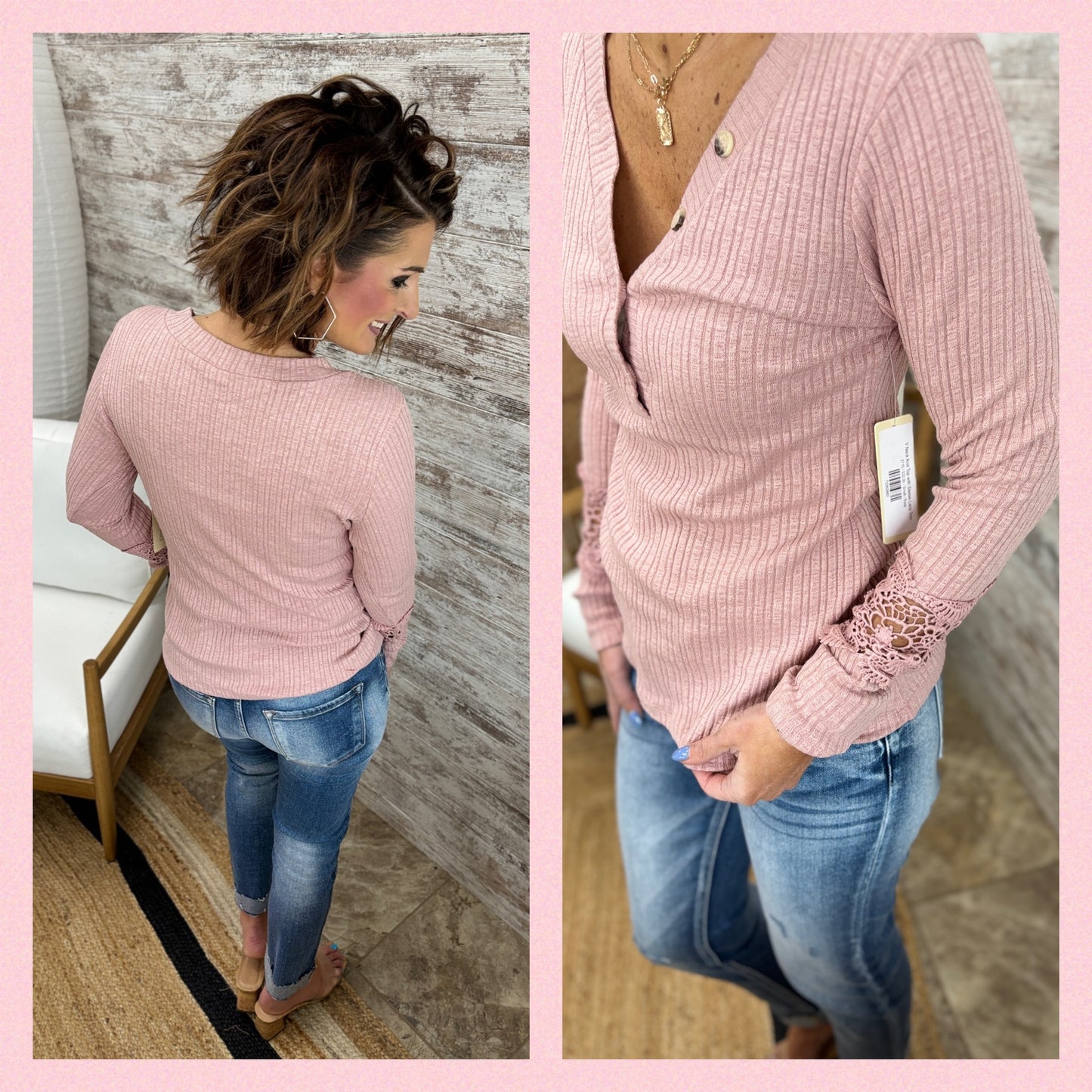 V Neck Knit Top with Sleeve Lace Trim~ 2 Colors