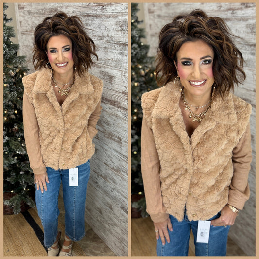 Camel Knit Sleeve Fur Button Down