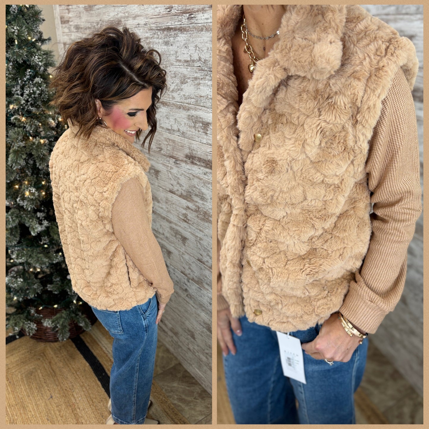 Camel Knit Sleeve Fur Button Down