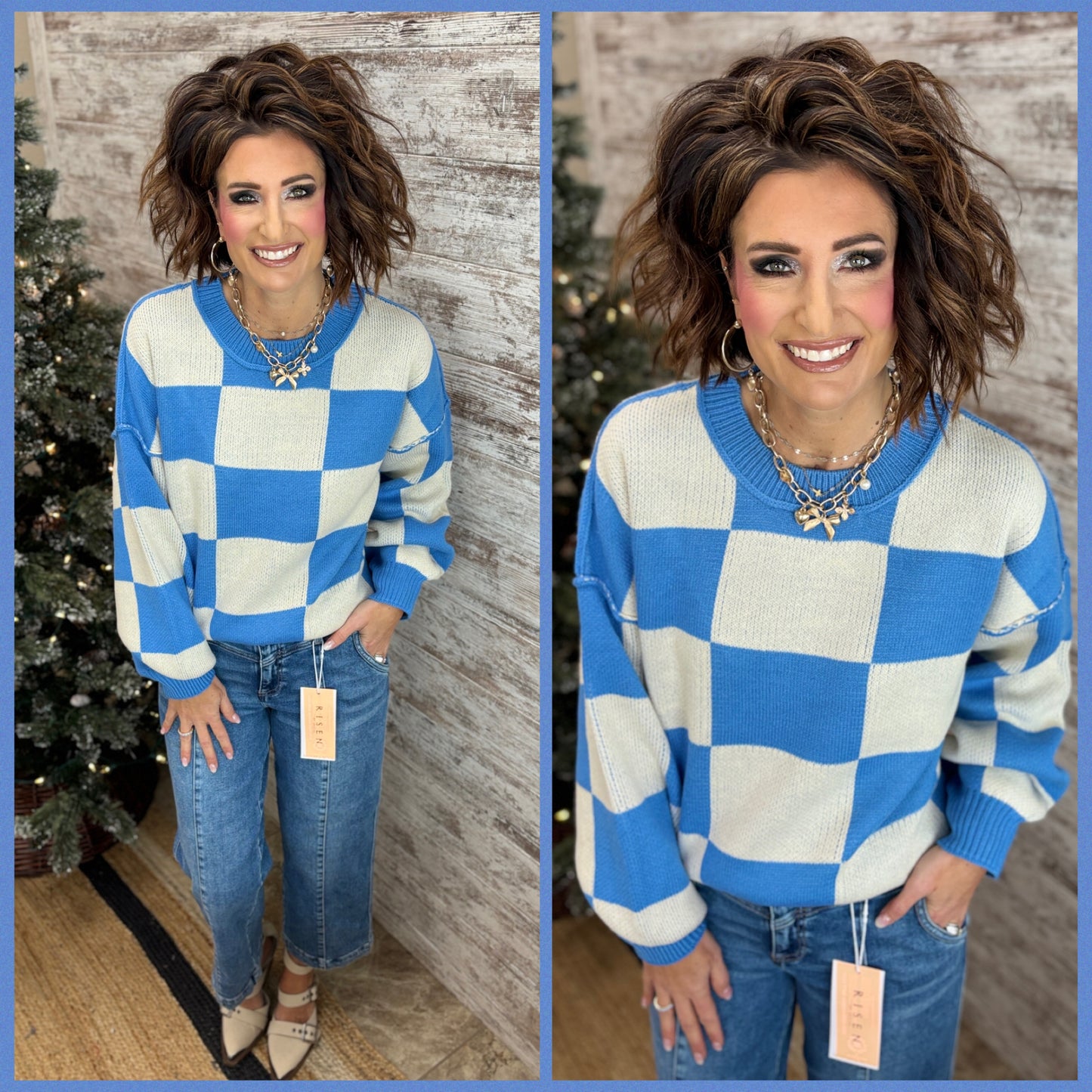 Blue Checkered Crew Neck Sweater