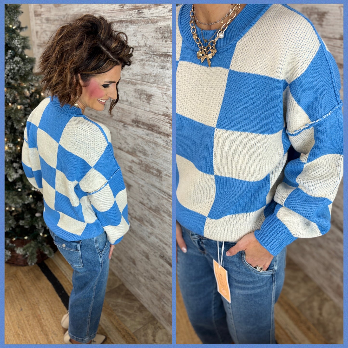 Blue Checkered Crew Neck Sweater