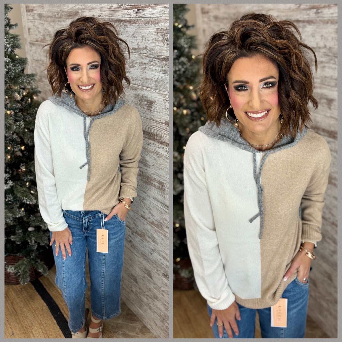 Ivory/Taupe/Grey Color Block Hoodie