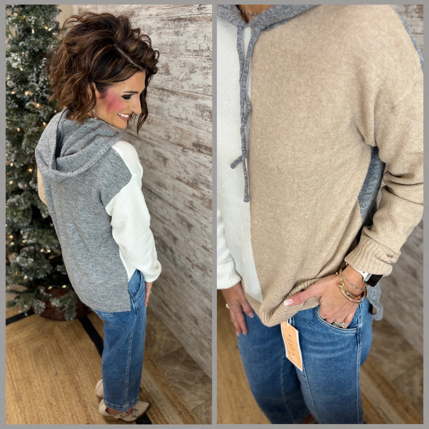 Ivory/Taupe/Grey Color Block Hoodie