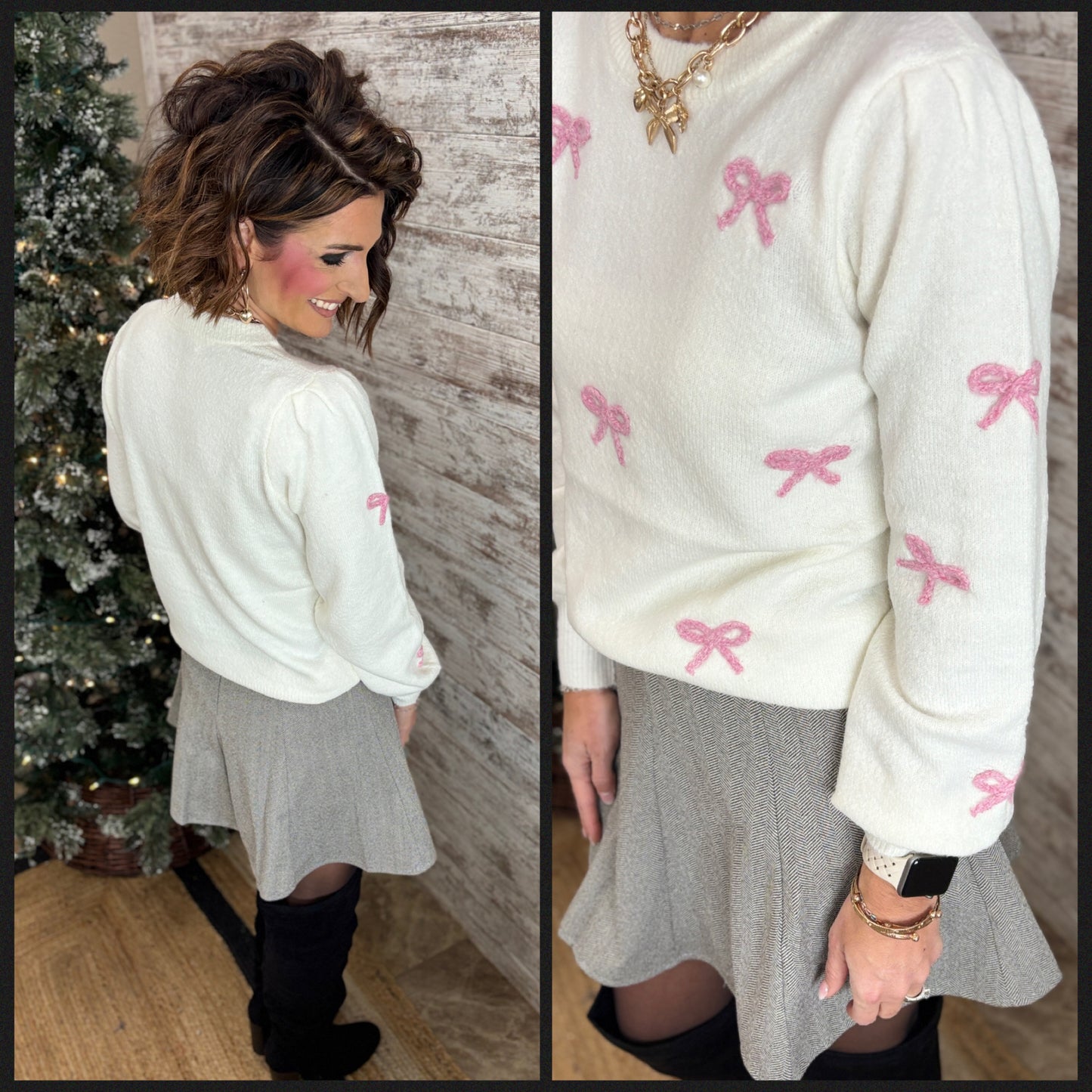 Ivory Soft Sweater with Pink Bow Accent