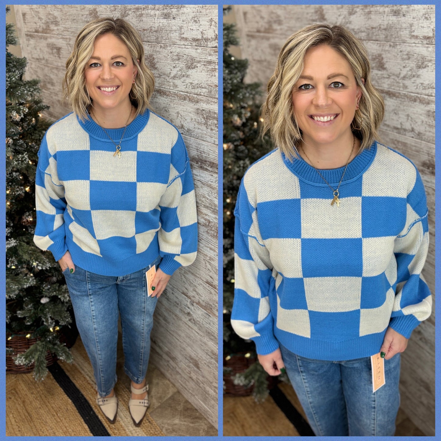 Blue Checkered Crew Neck Sweater