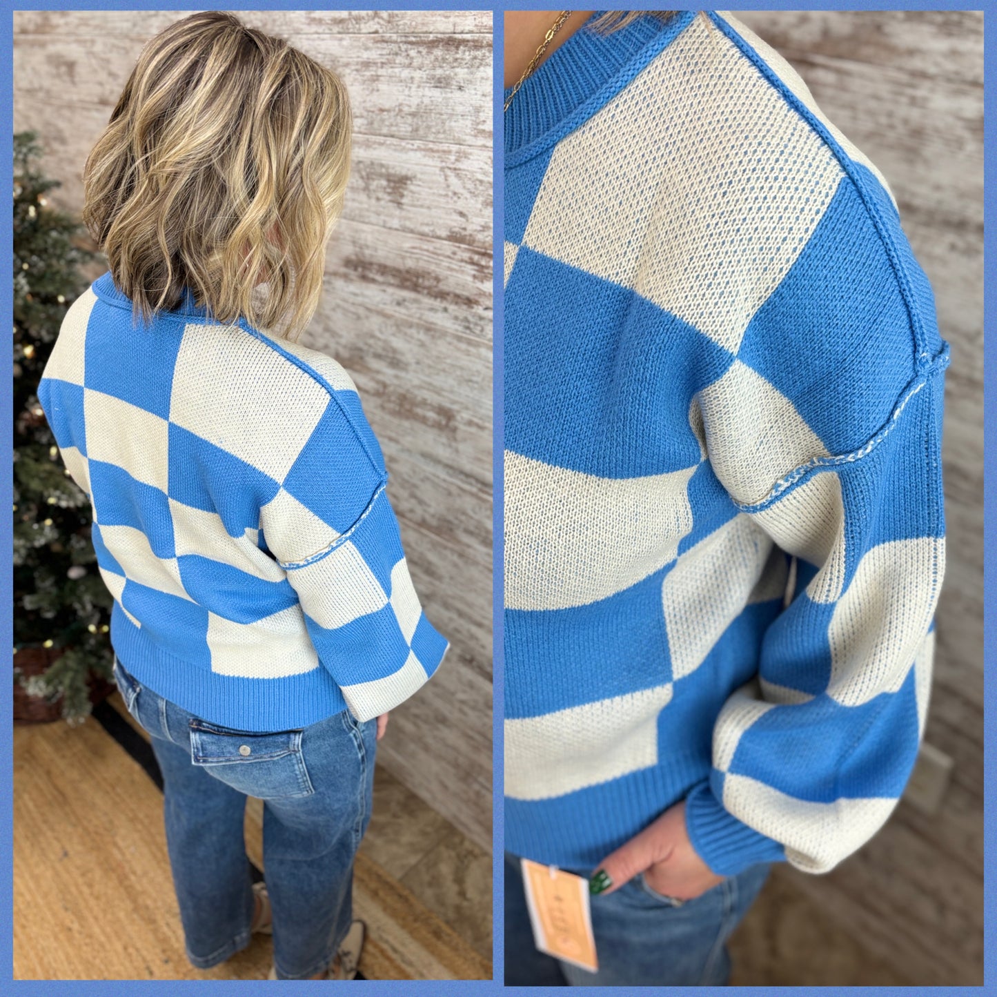 Blue Checkered Crew Neck Sweater