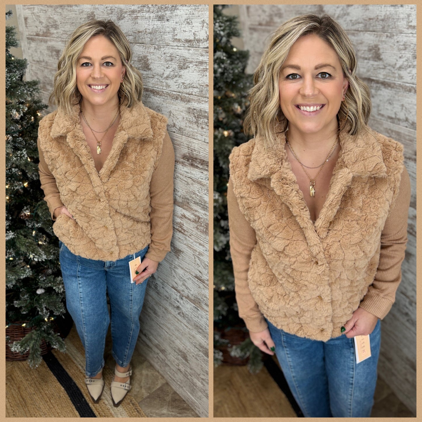 Camel Knit Sleeve Fur Button Down