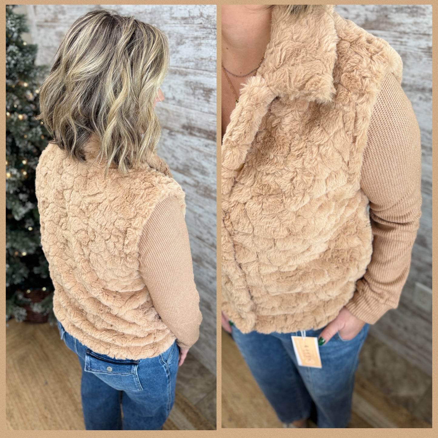 Camel Knit Sleeve Fur Button Down