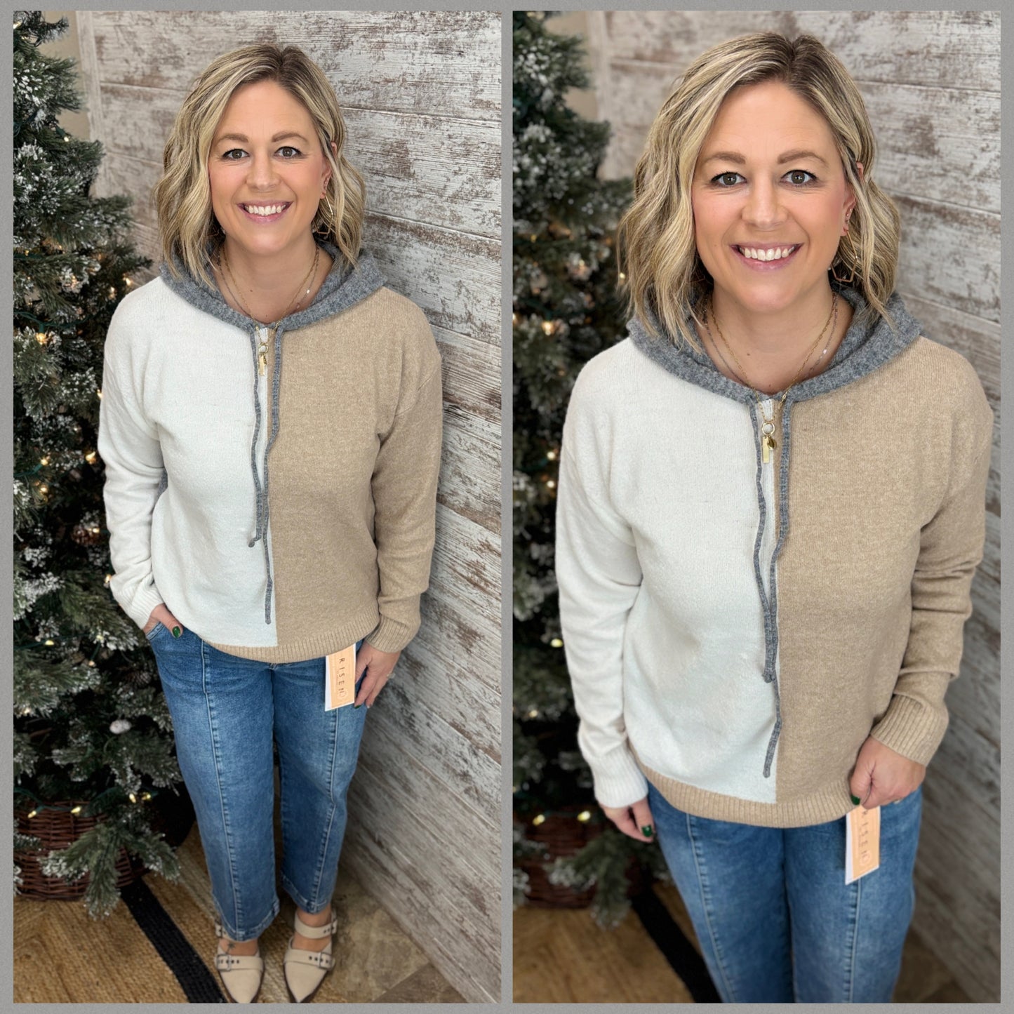 Ivory/Taupe/Grey Color Block Hoodie