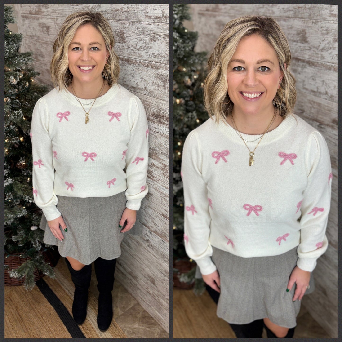 Ivory Soft Sweater with Pink Bow Accent