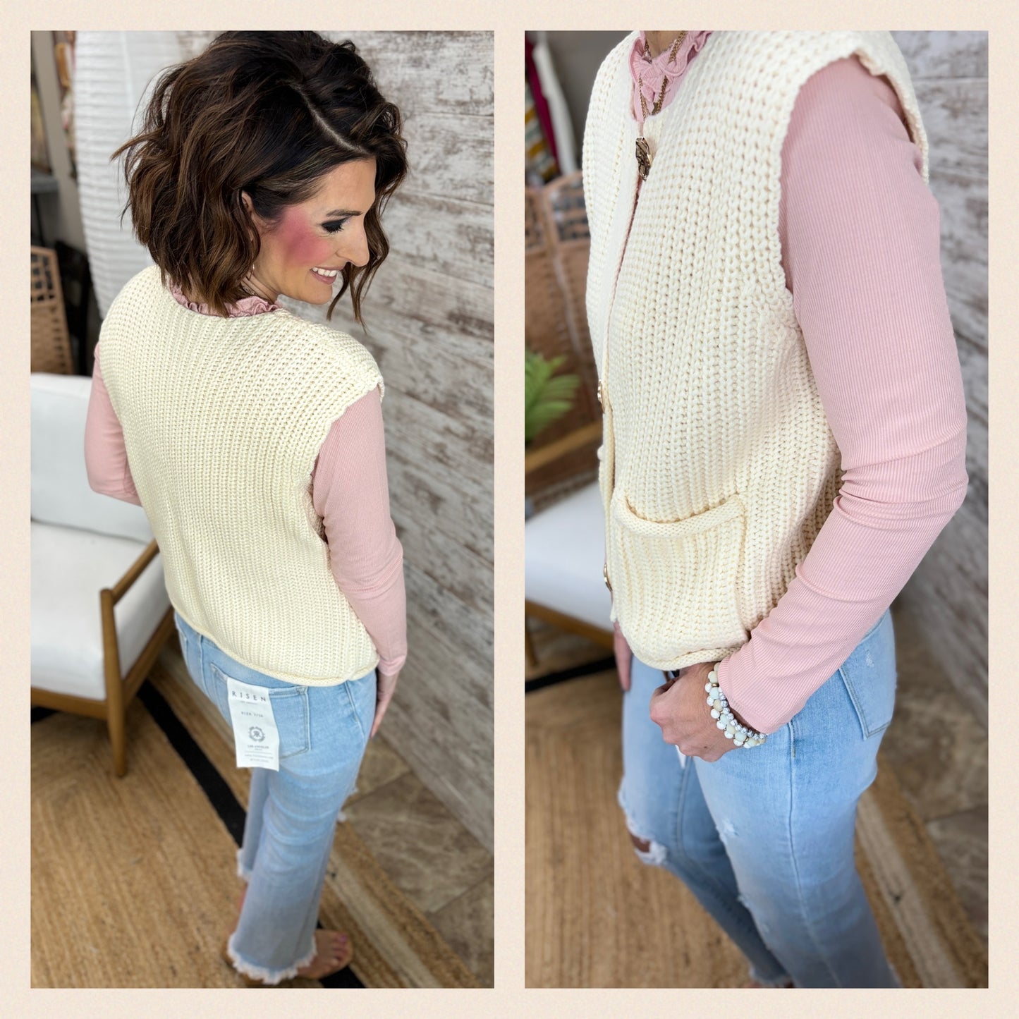 Taupe Knit Vest With Button Detail