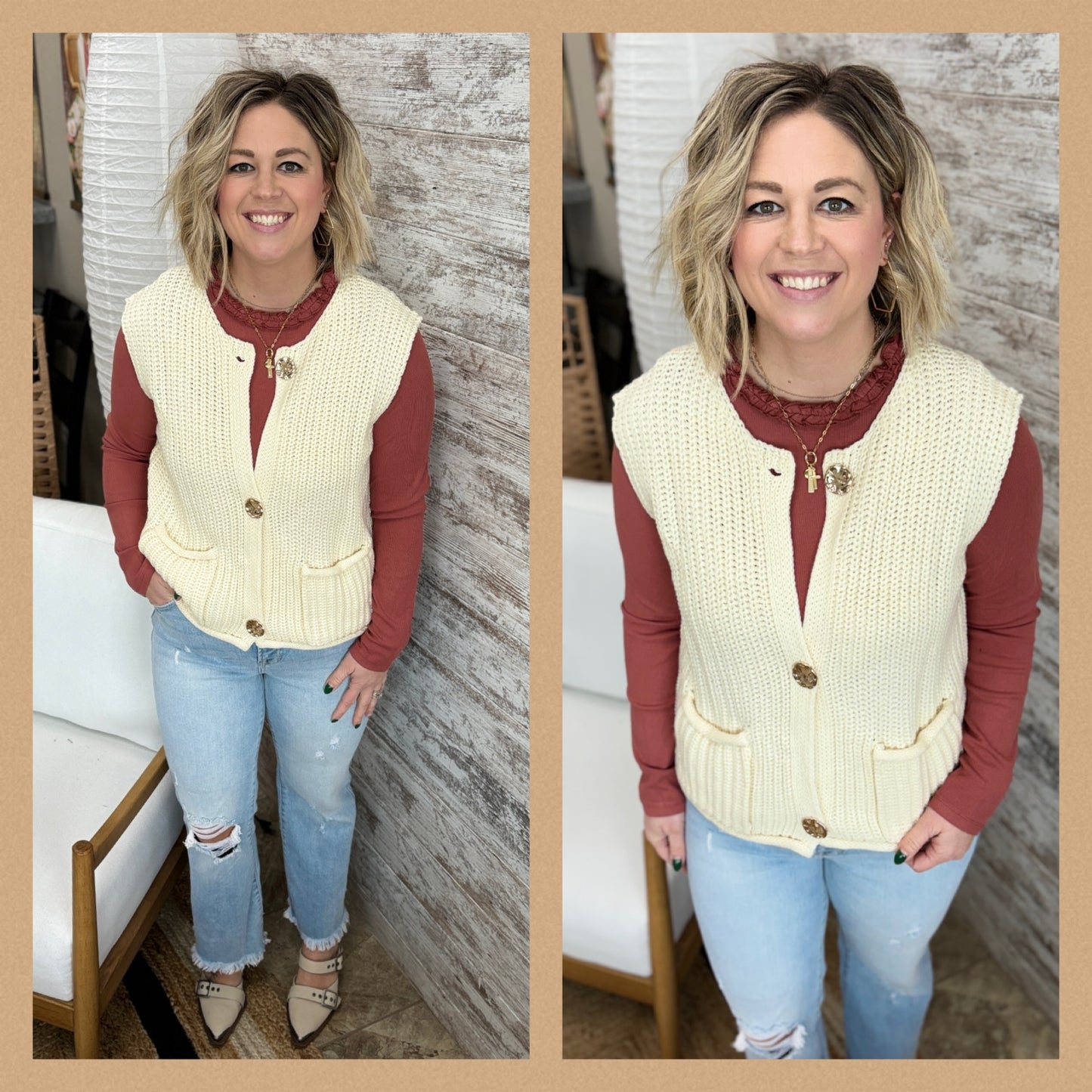 Taupe Knit Vest With Button Detail