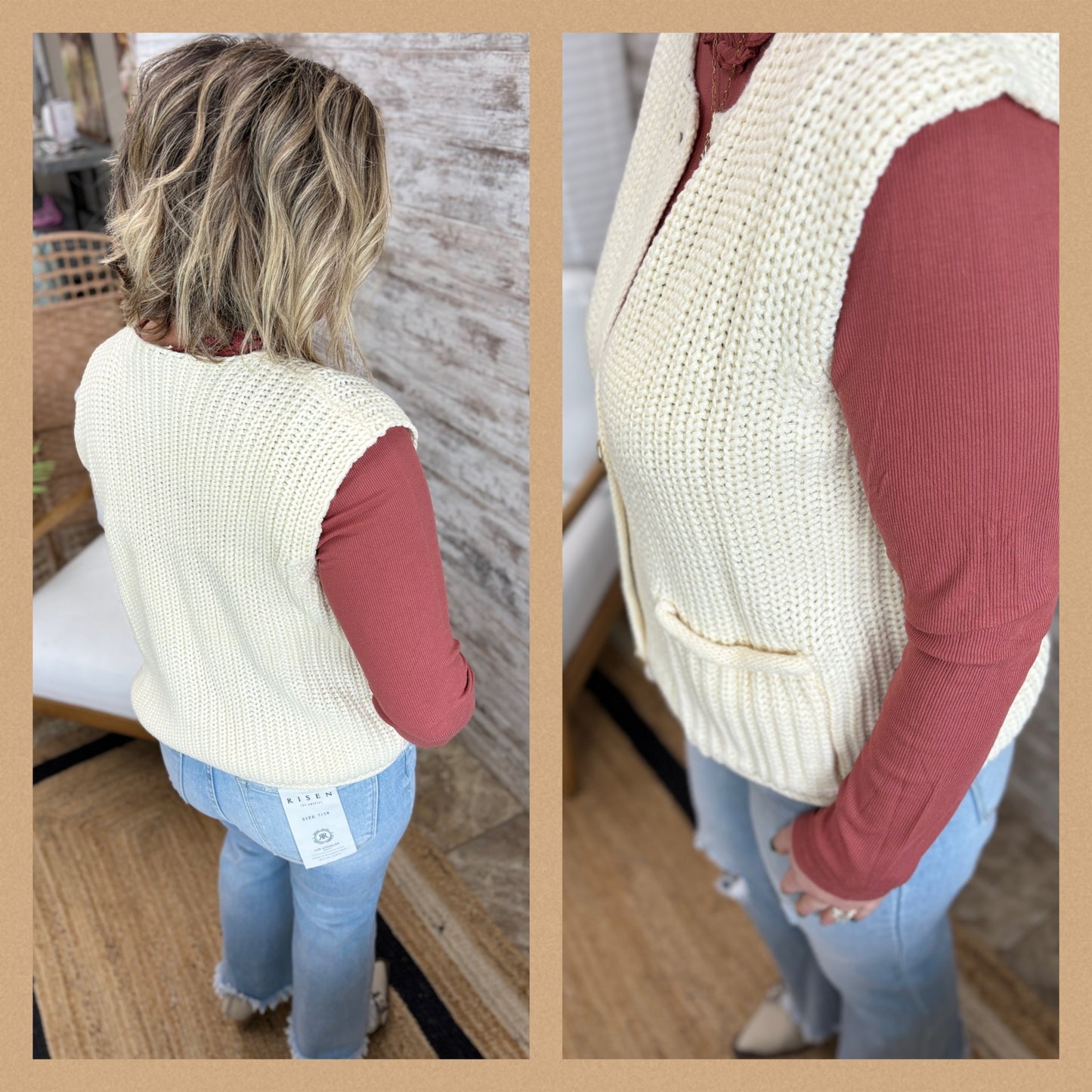 Taupe Knit Vest With Button Detail