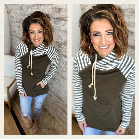 Olive Striped Double Hoodie