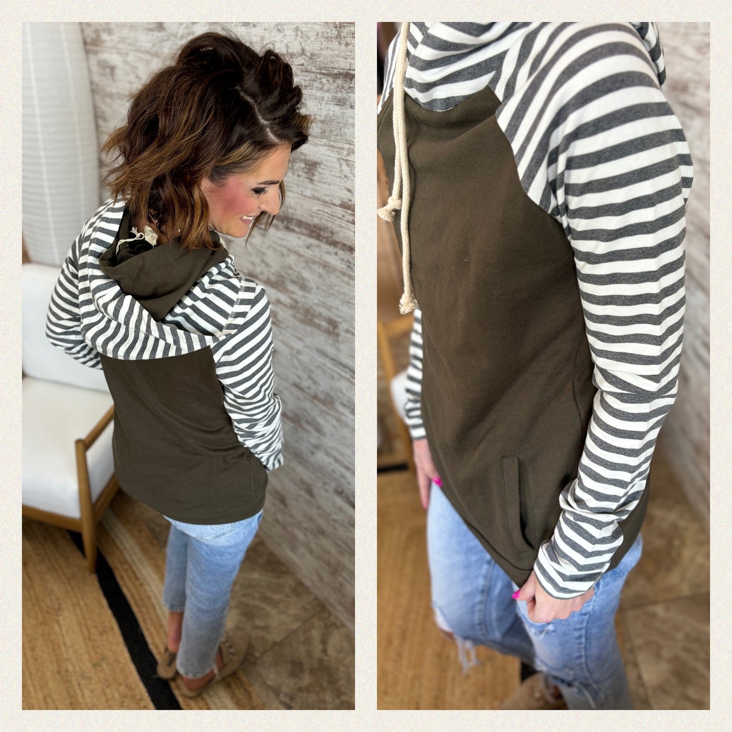 Olive Striped Double Hoodie