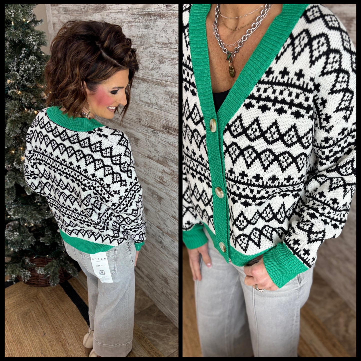 Ivory Black & Green Pattern Cardigan