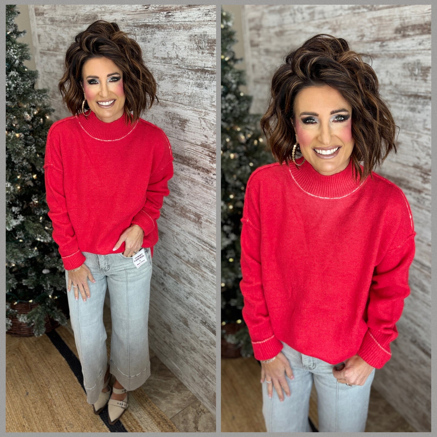 Red Mock Neck Sweater with White Seam Detail